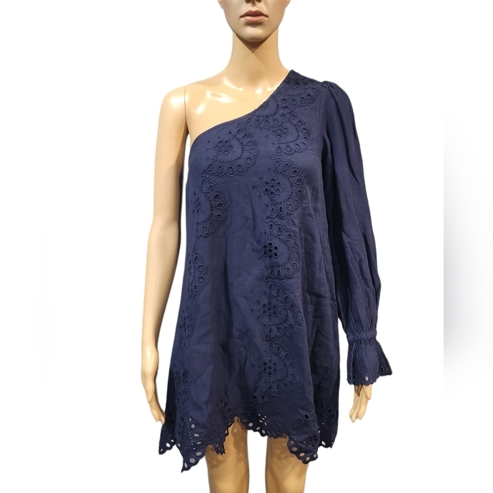 NWT Hill House The Mila women's navy cotton linen one hand lace trim dress XXS - Picture 9 of 9
